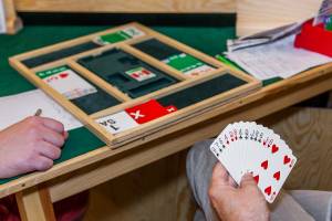 Wie viele Stiche sind mit dieser Hand und der Hand des Partners gegen das andere Team zu machen? Beim Reizen überbieten sich die beiden Teams und legen fest, wie viele Stiche beim Abspielen der Karten später erreicht werden müssen. Foto: Jana Wenderoth